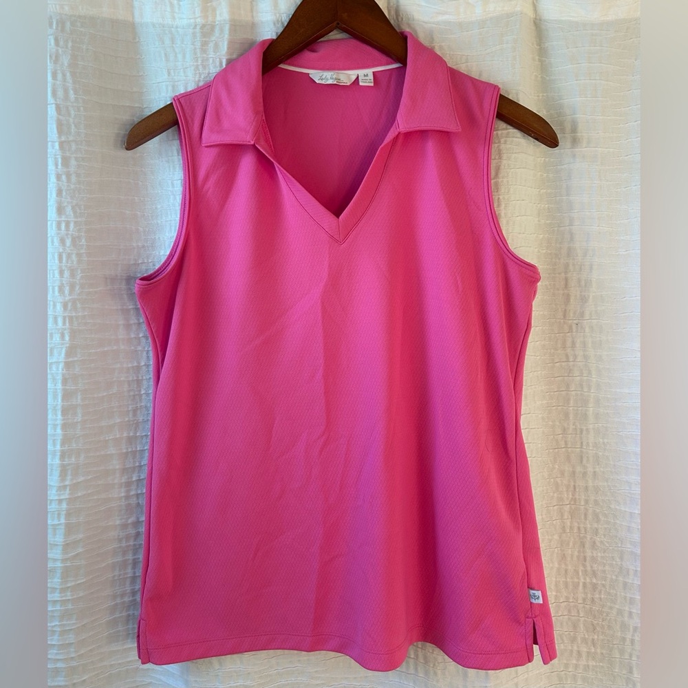 Essentials Sleeveless V-Neck Polo Tank Top - Hot Pink